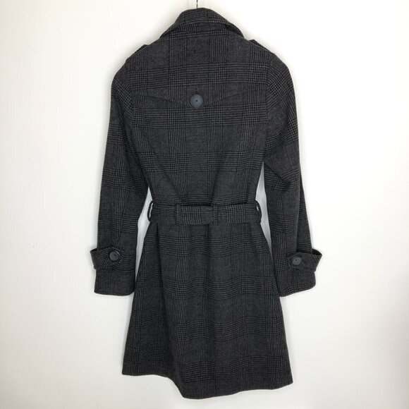 𝅺RICKI’S Grey Plaid Military Style Belted Wool Blend Thick Peacoat Trench Coat - Picture 3 of 16
